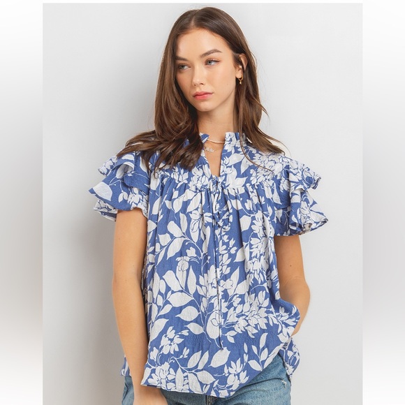 09 Boho Leaf Print Ruffle Sleeve Blouse Top - Picture 1 of 7